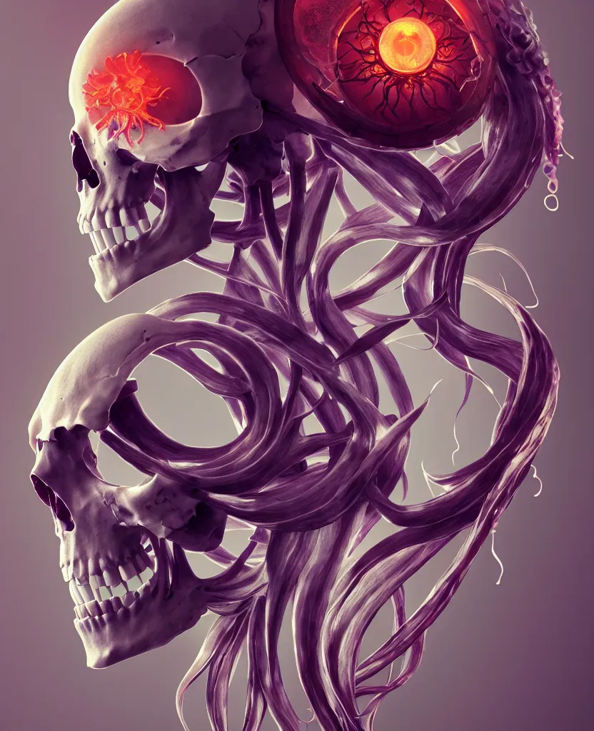 Image similar to symmetry!! goddess close - up portrait human skeleton, ram skull, squid phoenix jellyfish, orchid, betta fish, bioluminiscent, intricate artwork by tooth wu and wlop and beeple. octane render, trending on artstation, greg rutkowski very coherent symmetrical artwork. cinematic, hyper realism, high detail, octane render, 8 k