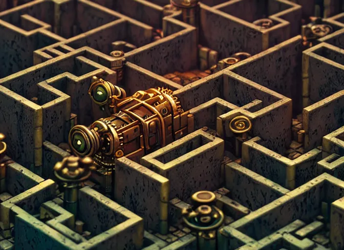 Prompt: steampunk robot in a maze by greg rutkowski and andreas rocha, tilt shift, ultra realistic, unreal engine, trending on artstation, 4 k