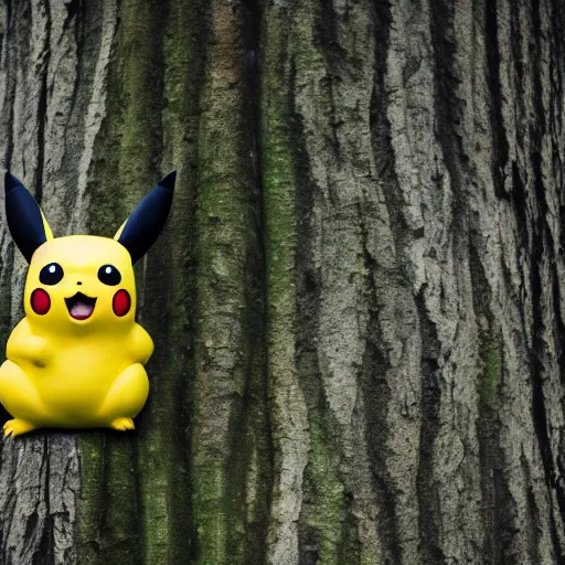 Image similar to high quality photo of pikachu hiding behind a tree, photography 4k, f1.8 anamorphic, bokeh, 4k, Canon, Nikon