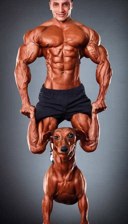 Image similar to dachshund bodybuilder flexing biceps, photography, studio lighting