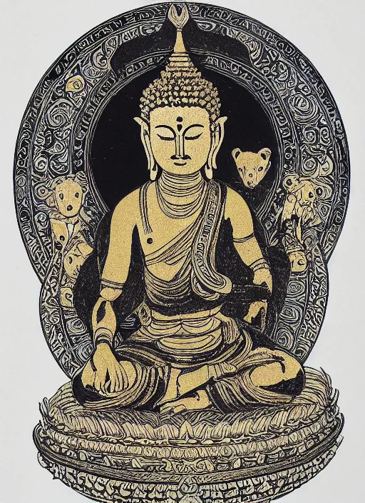 Image similar to detailed pen and ink illustration of a Buddhist bodhisattva with a bears head, seated in royal ease, 0.2 black micron pen on white paper, gilded gold halo behind head, highly detailed, fine pen work, white background, in the style of Olivia Kemp