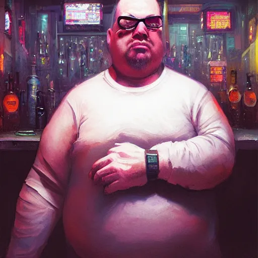Prompt: portrait of an overweight cyberpunk barkeeper, badass, neuromancer, bar background, painted by greg rutkowski, painted by igor kieryluk, high detail, dramatic light, digital art, trending on artstation