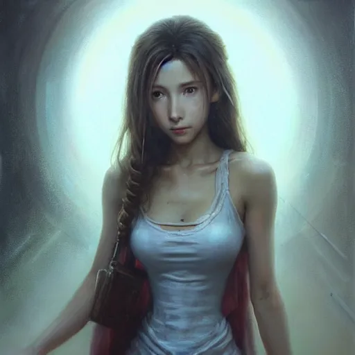 Prompt: Beautiful stunning portrait of Aerith Gainsborough by Greg Rutkowski. Aerith is hiding from a Shinra robot in the Reactor Core by Mark Arian. The Reactor Core is dark and stark and industrial by H.R. Giger. soft render, octane, intricate painting by Moebius. artstation Blank Canvas Scene by Tetsuya Nomura.