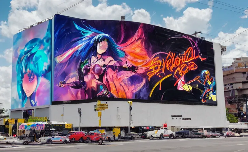 Image similar to billboard advertisement with an extremely beautiful photo of a black marble statue of an anime girl with colorful motocross logos and motorcycle helmet with closed visor, colorful smoke in the background, carved marble statue, fine art, neon genesis evangelion, virgil abloh, offwhite, denoise, highly detailed, 8 k, hyperreal