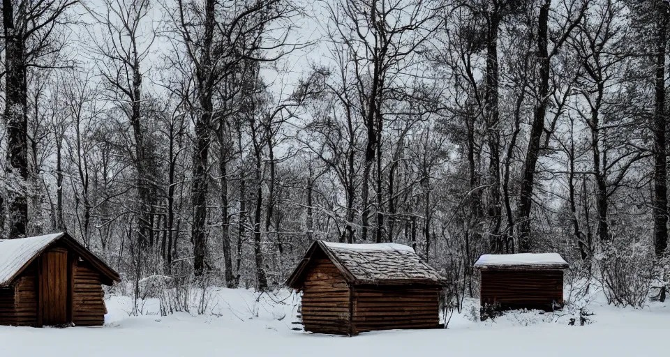 Image similar to a wooden hut at a clearing in the woods, snowy, light inside the hut, realistic, epic composition, 4 k