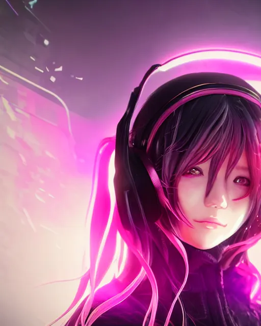 Prompt: beautiful portrait of a woman with pastel long hair with her eyes closed facing the camera centered with studio headphones on in the style of a code vein character, momo from twice in code vein in the style of WLOP, artgerm, yasutomo oka, rendered in unreal engine and redshift octane , background is surrounded by epic neon glitch effect digital art dynamic dramatic lighting, soft lighting, imagine fx, artstation, cgsociety, by Bandai Namco artist,