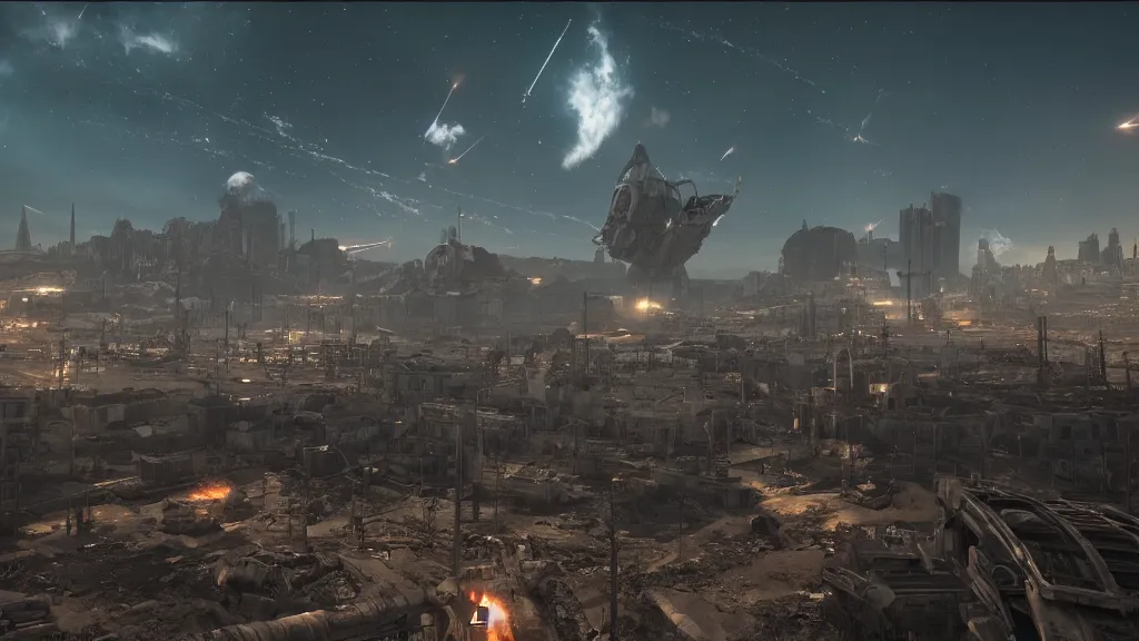 Image similar to a spaceship launching in a nuclear wasteland in the foreground, ruined city in background, thousands of rockets flying vertically in the sky, hyperrealistic, Cryengine 8k UHD