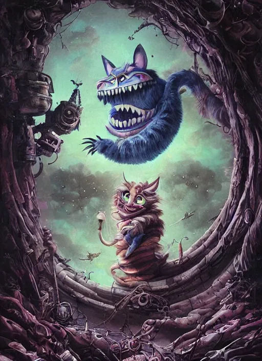 Image similar to cheshire cat, dieselpunk style, highly detailed, cinematic, 8 k, by megan duncanson, benjamin lacombe, adrian borda, stanley artgermm, tom bagshaw, craig mullins, carne griffiths, ayami kojima, beksinski, giger, trending on deviantart, hyper detailed, horror, full of colour