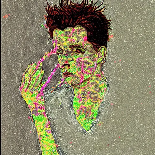 Prompt: smoking ebisu sketch by egon schiele glitter glitch datamosh minimalism