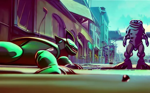 Prompt: photo street sharks vs battletoads, 8 k, hdr, cinematic, rule of thirds, digital painting, vivid colors, sharp render by miyazaki nausicaa ghibli, sigma 8 5 mm, in the art style of beeple, f / 8