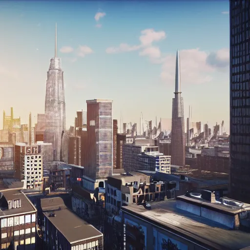 Image similar to a bottle of malort towering above a city skyline, urban landscapes, 4 k render, unreal engine