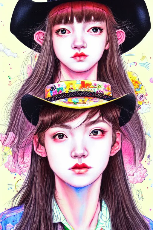 Image similar to girl wearing cowboy hat, style of yoshii chie and hikari shimoda and martine johanna, highly detailed