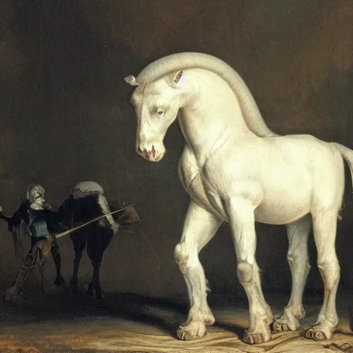 Image similar to A creature with a white ape on the upper body and black horse legs