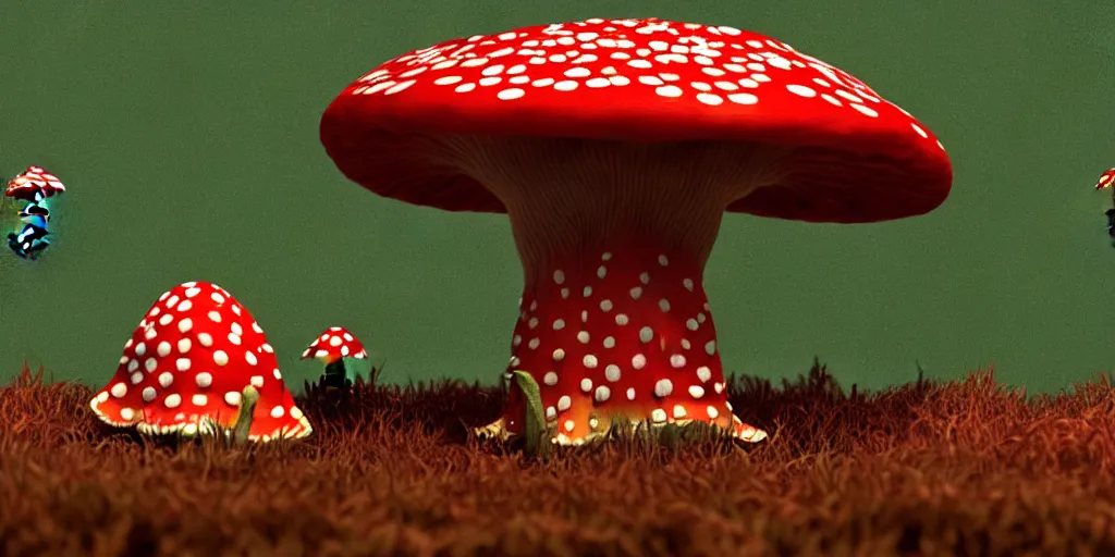 Image similar to a 3 d render of an amanita muscaria mushroom giant with tiny people below looking up at it,