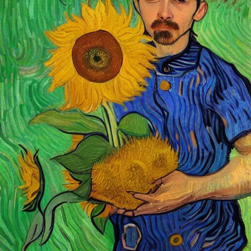 Prompt: jungkook holding a sunflower in van gogh style