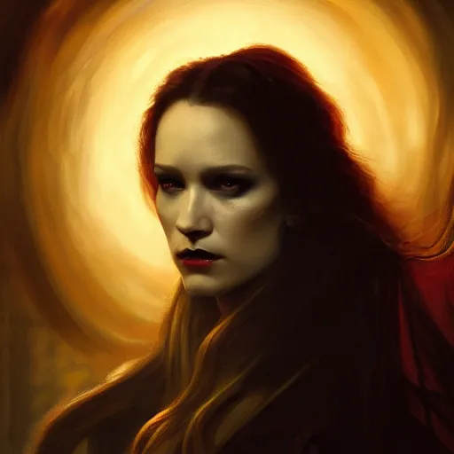 Image similar to majestic gracious regal aristocratic female vampire portrait, atmospheric lighting, painted, curvy, tempestuous, menacing, intricate, volumetric lighting, beautiful, rich deep colours masterpiece, golden hour, sharp focus, ultra detailed, by leesha hannigan, ross tran, thierry doizon, kai carpenter, ignacio fernandez rios