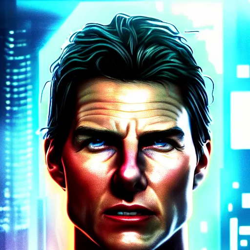 Image similar to tom cruise portrait, Cyberpunk 2077, cyberpsycho, photorealistic, ultra detailed, neon, octane, bokeh, cyber, cyberpunk city, feature, scars, cyberface, 8k