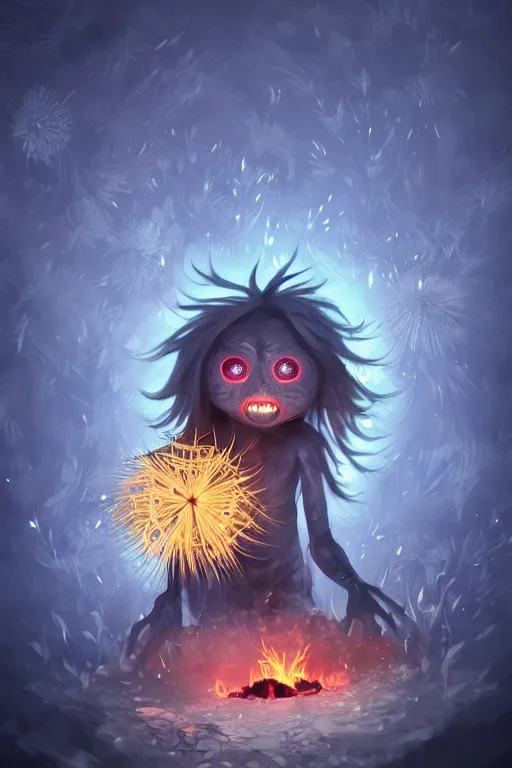 Prompt: a glowing humanoid figure dandelion monster with large glowing eyes, surrounded by fire, highly detailed, digital art, sharp focus, trending on art station, artichoke, anime art style