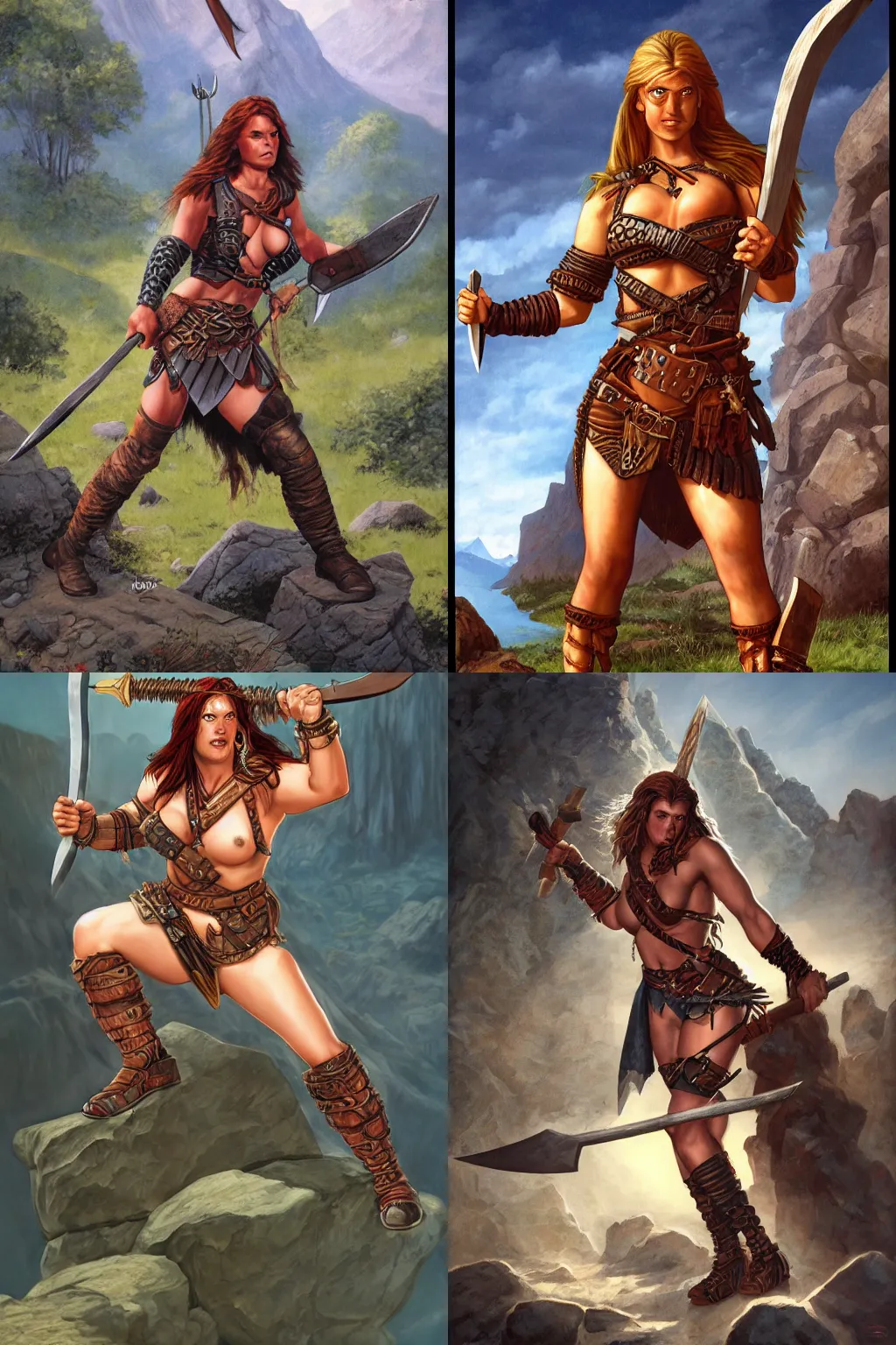 Prompt: barbarian woman wearing leather breastplate posing with great axe in the mountains | dungeons and dragons artwork | broad body strong robust | volumetric lighting | larry elmore |