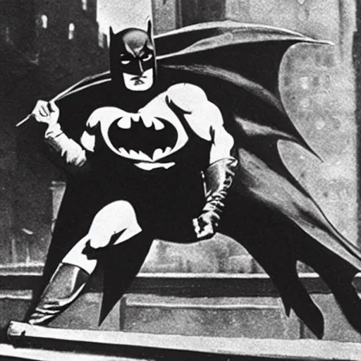 Image similar to a close - up old black and white photo, 1 9 1 3, depicting batman fighting a bad guy in an ally of new york city, rule of thirds, historical record