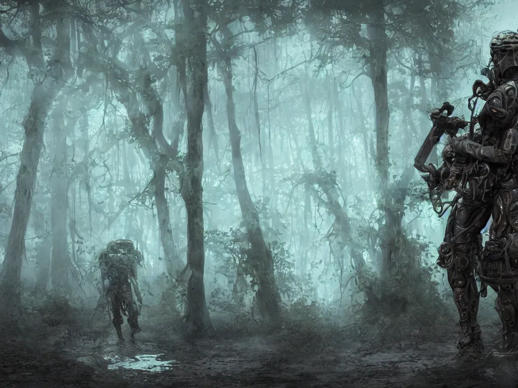 Prompt: a mystical misty swamps a renaissance style soldiers unit in blue hoods with diesel punk-style exoskeletons, armed with edged weapons, battles werewolves. Volumetric lighting bioluminescence, plasma, neon, brimming with energy, electricity, power, Colorful Sci-Fi Steampunk diesel punk Biological Living, cel-shaded, depth, particles, lots of reflective surfaces, subsurface scattering