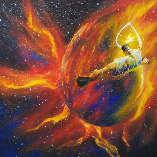 Image similar to an expressive oil painting of a basketball player dunking, depicted as an explosion of a nebula