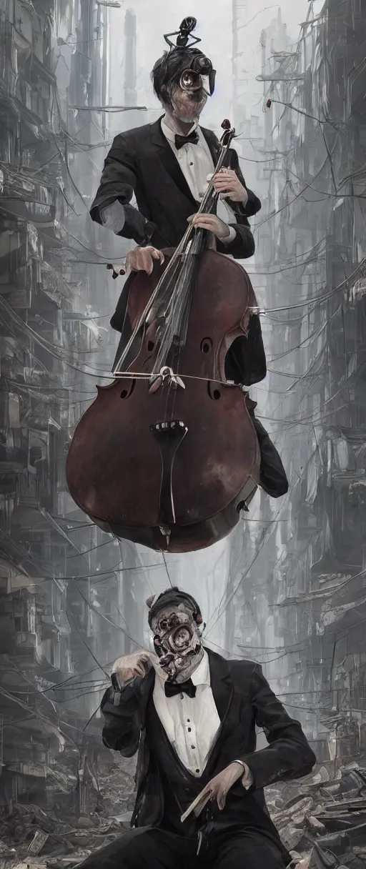 Image similar to a highly detailed portrait of a singular cellist with a detailed face portraying sorrow in a tuxedo playing in the rubble of a burning cyberpunk city, sorrow, pain, beautifully lit, concept art, sharp focus, in the style of pascal blanche and Hayao Miyazaki, artstation HD, cgsociety, octane render