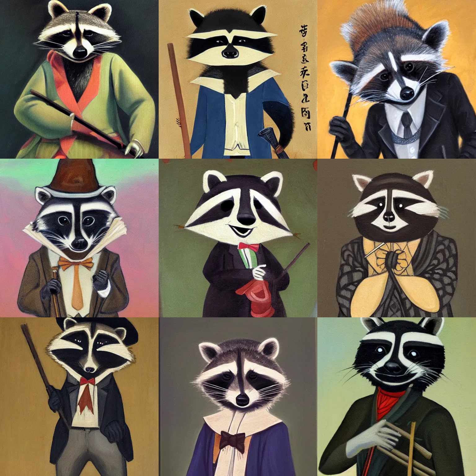 Prompt: A raccoon wearing formal clothes, wearing a tophap and holding a cane. The raccoon is holding a garbage bag. Oil painting in the style Hokusa