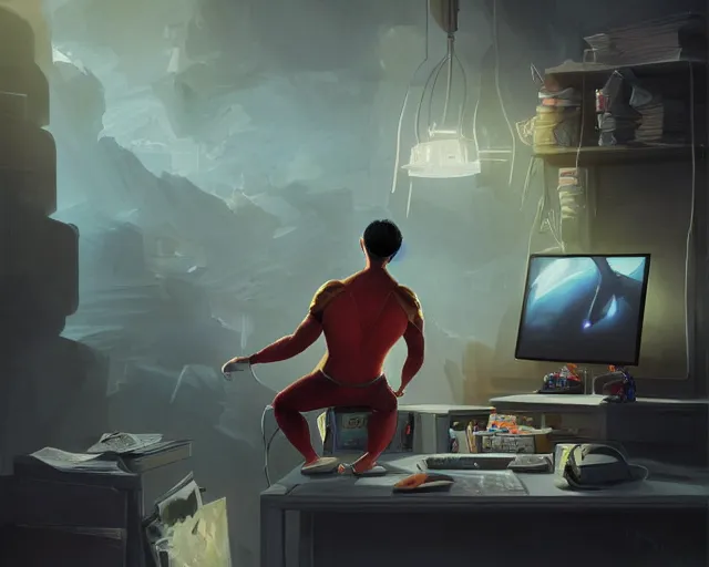 Image similar to an insanely detailed painting of a nerdy asian man wearing a superhero costume, sitting at a desk, staring at the nervously at the computer and typing, in the style of peter mohrbacher, dramatic lighting and composition, octane render, pixar, trending on artstation, concept art, comic book, view from behind