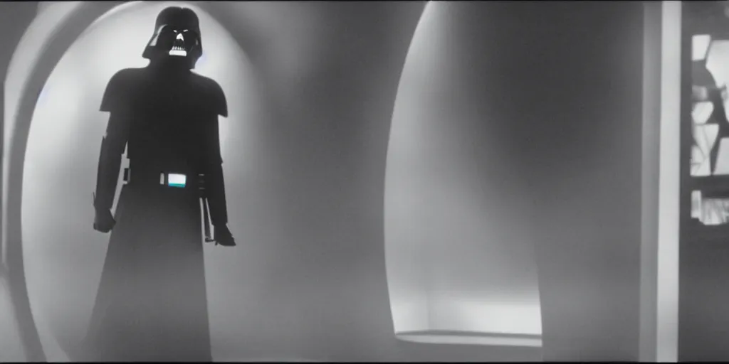 Prompt: a still from a film of a dark figure standing in front of a large window with a live action Star Wars space battle, 35mm, directed by George Lucas, miniatures, ILM