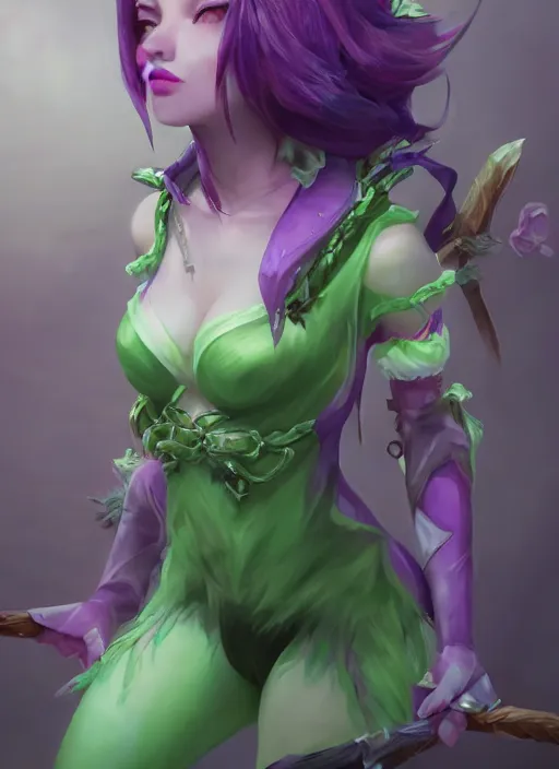 Image similar to lulu short fairy witch with green eyes, from league of legends, purple skin, au naturel, hyper detailed, digital art, trending in artstation, cinematic lighting, studio quality, smooth render, fluorescent skin, unreal engine 5 rendered, octane rendered, art style by klimt and nixeu and ian sprigger and wlop and krenz cushart
