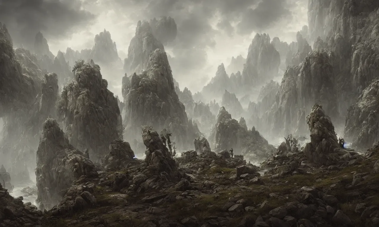 Prompt: stone giants lumbering in the forbidden mountains. greg rutkowski, andreas achenbach, artgerm, mikko lagerstedt, zack snyder, tokujin yoshioka