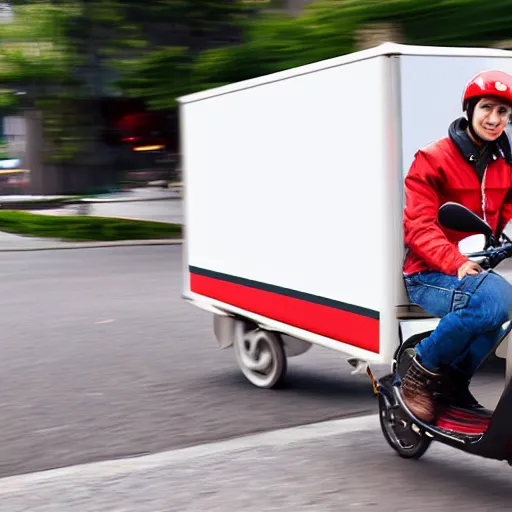 Image similar to advertisement delivery driver on moped delivering packages, extremely high quality, artistic rendering, cartoon, sharp, no blur, edited, white background