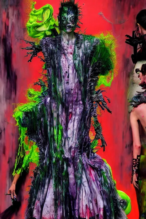 Image similar to crazy fashion catwalk, one model, crazy clothes, biopunk style, horror, clothes look like slime, hauntingly surreal, highly detailed painting by francis bacon, edward hopper, adrian ghenie, gerhard richter, and james jean soft light 4 k,