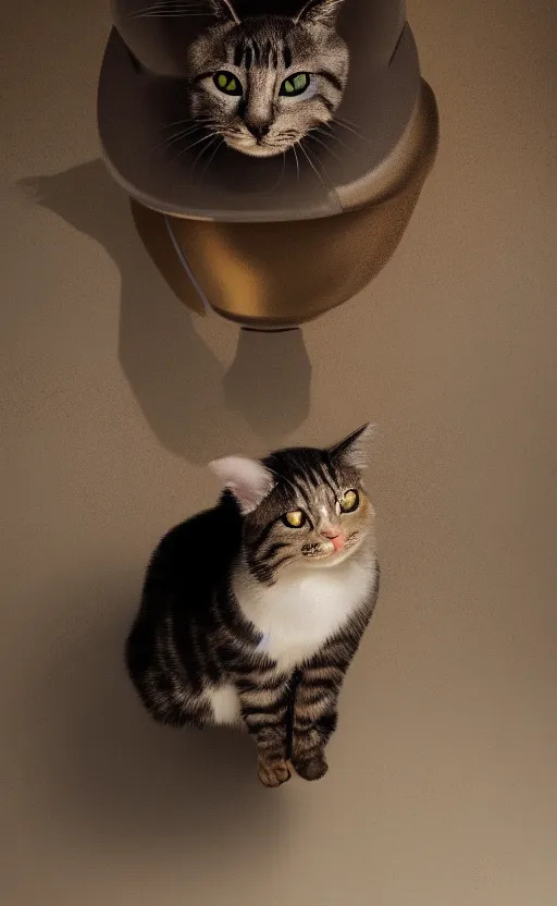 Image similar to photorealistic painting of a cat sitting in a toilet. high quality. unreal engine, embers flying, hyper realism, realistic shading, cinematic composition, blender render, octane render, ultrawide shot, photorealistic. hq. hd. 4 k. award winning. trending on artstation