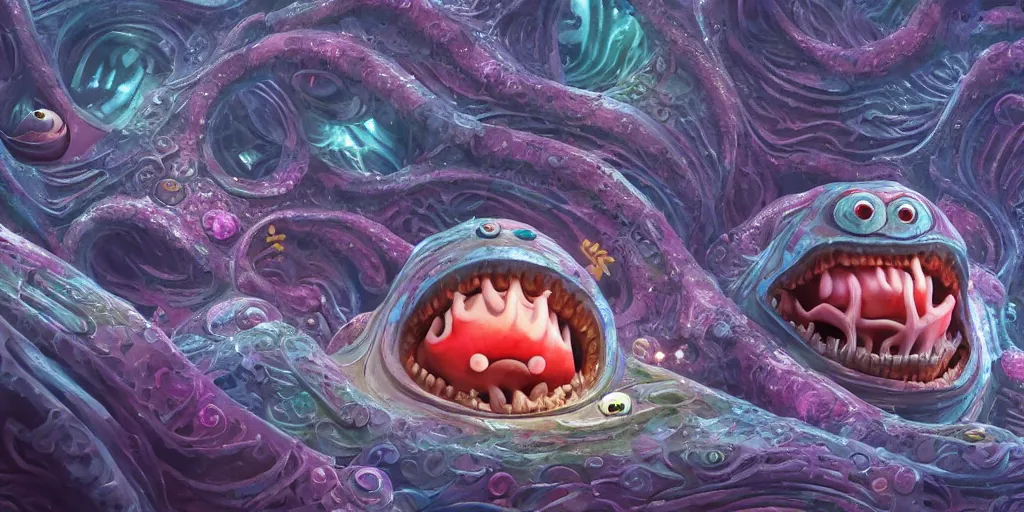 Image similar to of an intricate deep sea with strange cute friendly happy creatures with huge eyes, mouth, long tongue, round teeth and goofy face, appearing from the background, in the style of gehry and gaudi, macro lens, shallow depth of field, ultra detailed, digital painting, trending artstation, concept art, illustration, cinematic lighting, photorealism, epic, octane render