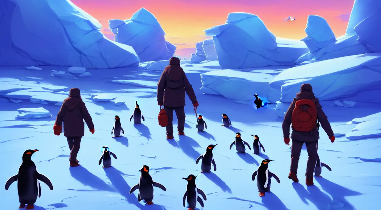 Image similar to incredible, mindblowing, man walking in antarctica with a family of penguins following, in marble incrusted of legends official fanart behance hd by jesper ejsing, by rhads, makoto shinkai and lois van baarle, ilya kuvshinov, rossdraws global illumination