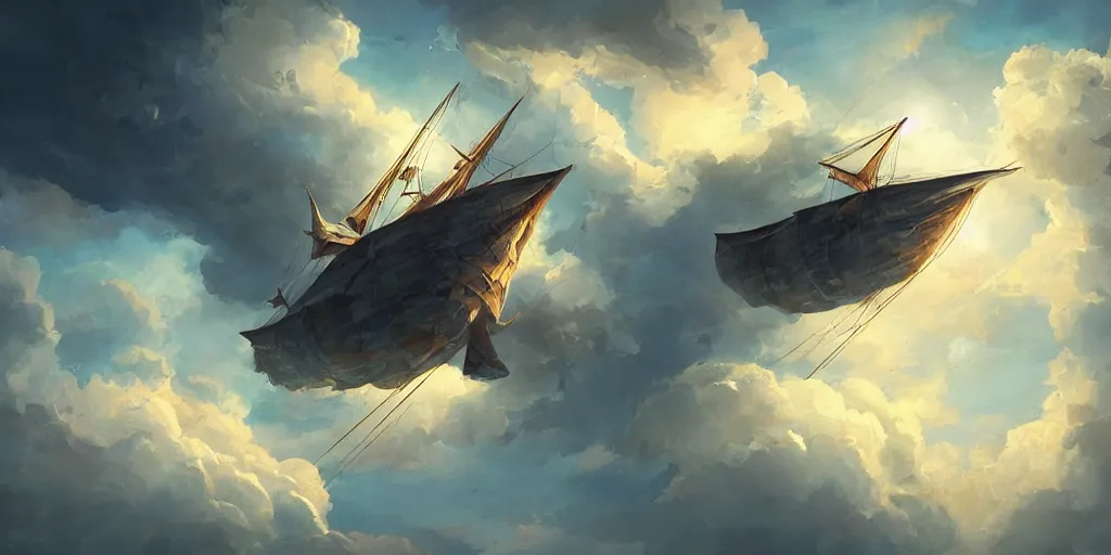 Prompt: a large 1 8 th century pirate airship flying among the clouds, soaring through the sky, airship, digital art, pirate ship, vivid colors, artgerm, james gilleard, very beautiful, highly detailed, volumetric lighting, award winning, intricate, trending on art station