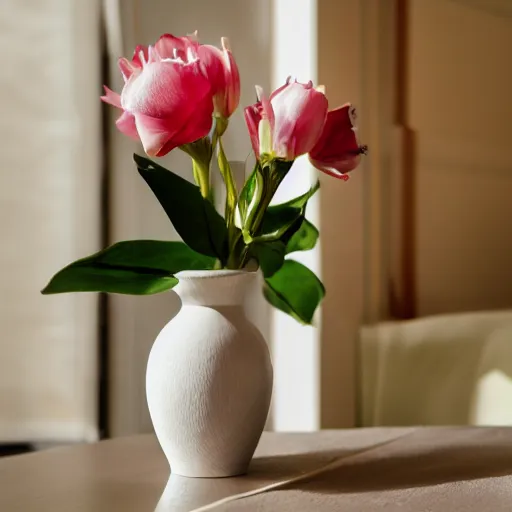 Prompt: dslr photo of a vase on a table, 55mm, f/1.3