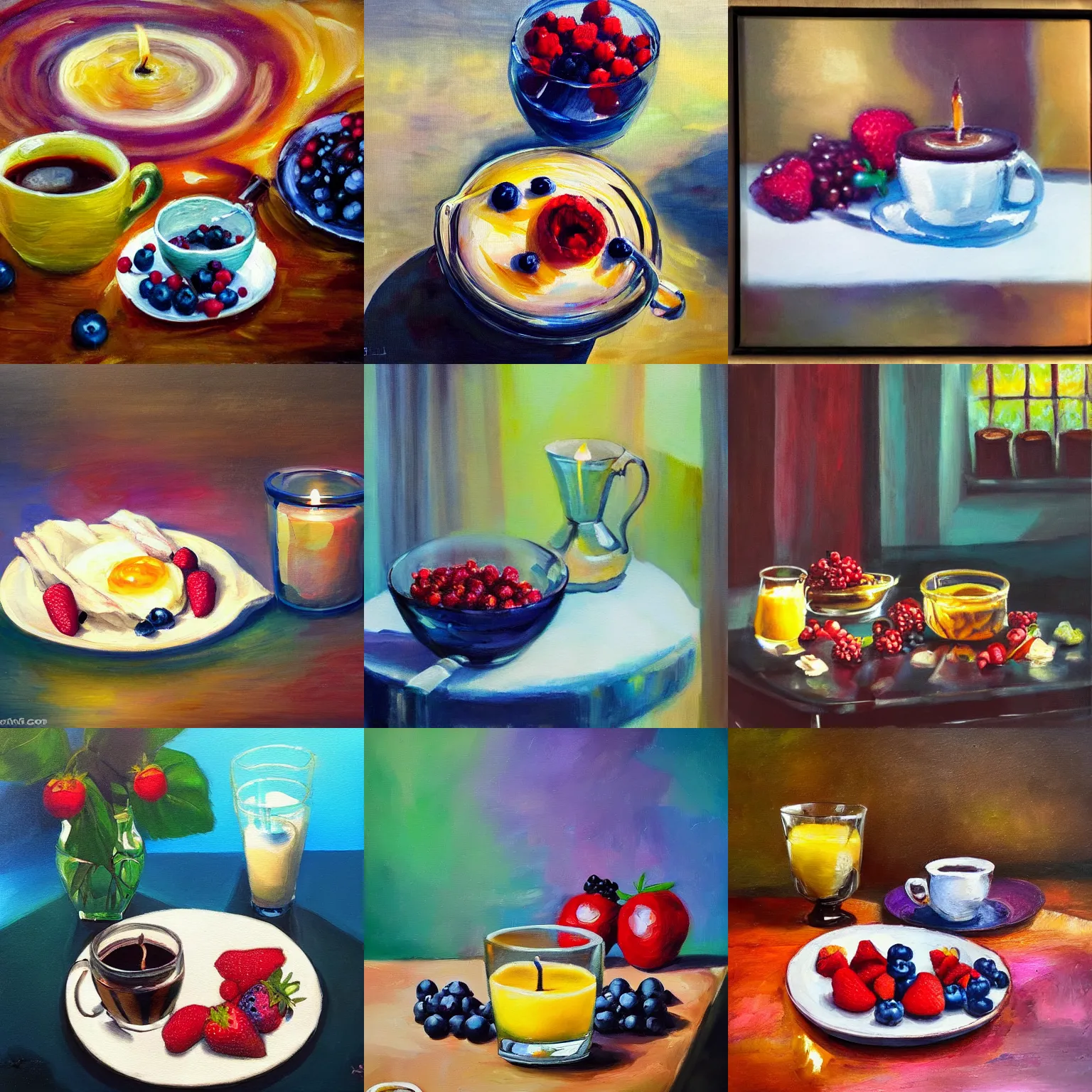 Prompt: breakfast with berries and coffee and a candle inside a glass cup, oil painting, glassware, thick strokes, vibrant, colorful, shiny, bright, reflections, subsurface scattering, sharp edges, hazy, field of view