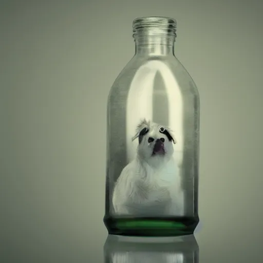 Image similar to hyper realistic professional photograph of ghost trapped inside a pet bottle taken inside professional studio