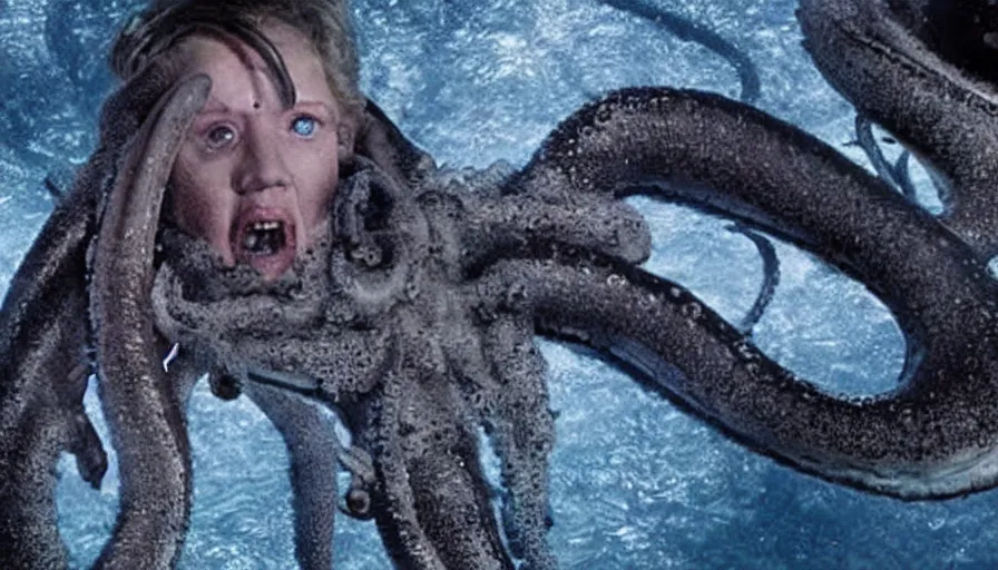 Image similar to Big budget horror movie where a giant squid is injected with radioactive mutation serum