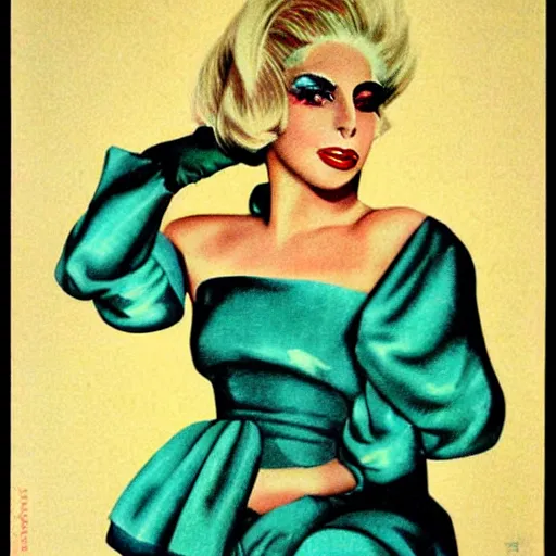 Image similar to Lady Gaga portrait, color vintage magazine illustration 1950