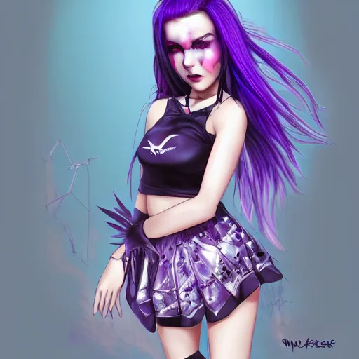 Image similar to evanescence kerli koiv anime goth girl with purple hair in mini skirt and crop top intricate, extremely detailed, artstation, 8 k, sensual lighting, incredible art, wlop, artgerm