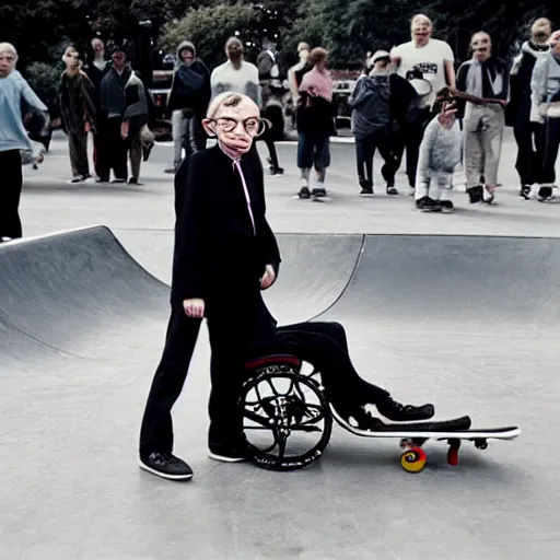 Image similar to Stephen Hawking doing tricks at a skate park