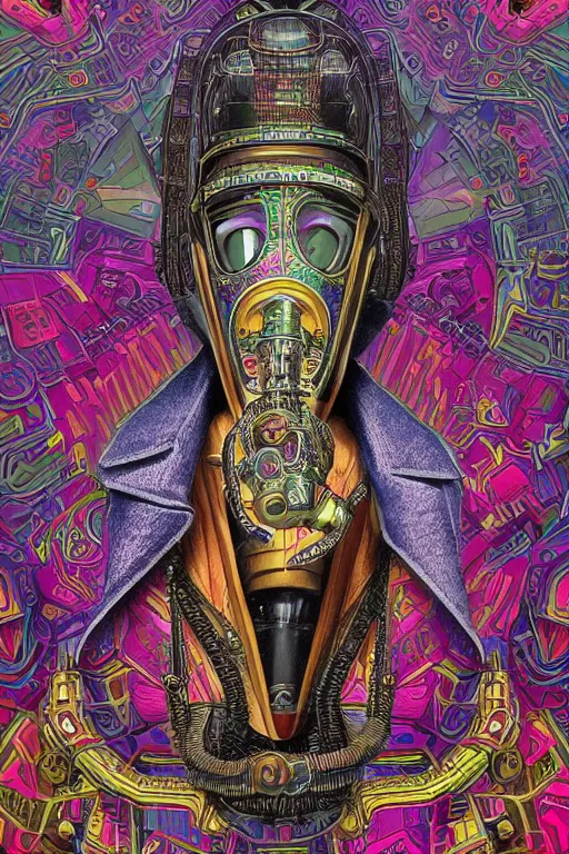 Image similar to a detailed portrait of a fashionable cyberpunk egyptian mayan deity aliens extraterrestrial wearing an ornate cyberdelic gas mask in the style of escher and william blake and stephen gammell and lisa frank in the style of adorable dark fantasy, fantasy, surrealism, crisp, award winning art, vivid colors, cmyk color scheme, low contrast, tilt shift, 8 k