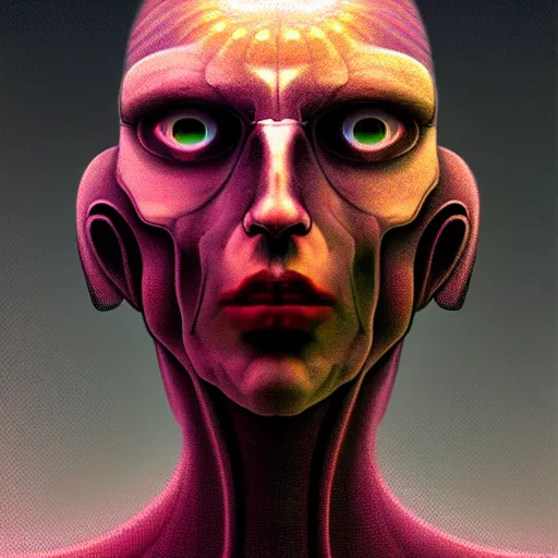 Image similar to scifi character portrait of man in the style of android jones and zdzislaw beksinski, 1 / 4 headshot.