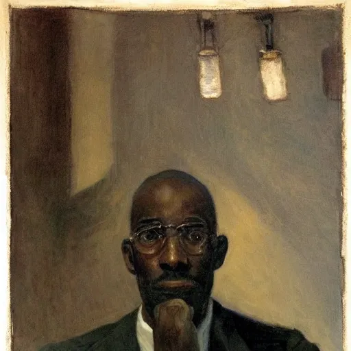 Image similar to a painting of a elegant, well fed, smooth-chinned, long nose, African, elder with few eyebrows by Henry Ossawa Tanner . thinker without facial hair, thoughtful, focused, visionary, calm, jovial, loving, fatherly, generous, . dramatic angle, ethereal lights, details, smooth, sharp focus, illustration, realistic, cinematic, artstation, award winning, rgb , unreal engine, octane render, cinematic light, macro, depth of field, blur, red light and clouds from the back, highly detailed epic cinematic concept art CG render made in Maya, Blender and Photoshop, octane render, excellent composition, dynamic dramatic cinematic lighting, aesthetic, very inspirational, arthouse.