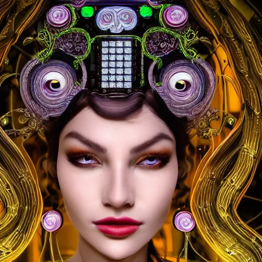 Image similar to very beautiful woman integrating with technology, full face frontal centered, portrait, insipiring, detailed intricate ornate cables connected to head, big open electric eyes, luxurious detailed abundent wiring and implants, diamonds, sci - fi, neon, emeralds, detailed technology full background with cyber flowers, highly detailed, artstation, cgsociety, 8 k rene lalique and eddie mendoza