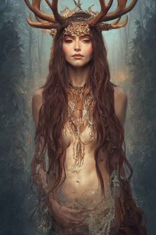 Image similar to ultra realistic illustration, a stunningly beautiful shaman girl with antlers and bone fragments, intricate, elegant, highly detailed, digital painting, artstation, concept art, smooth, sharp focus, illustration, art by artgerm and greg rutkowski and alphonse mucha